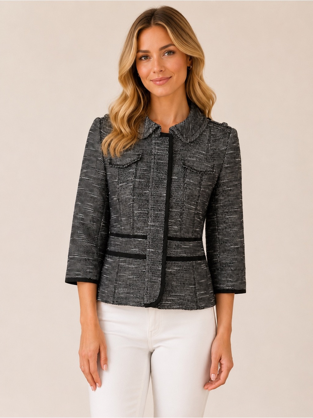 NWOT Halogen Tweed Jacket Size 2P Black Gray White 3/4 Sleeve Blazer